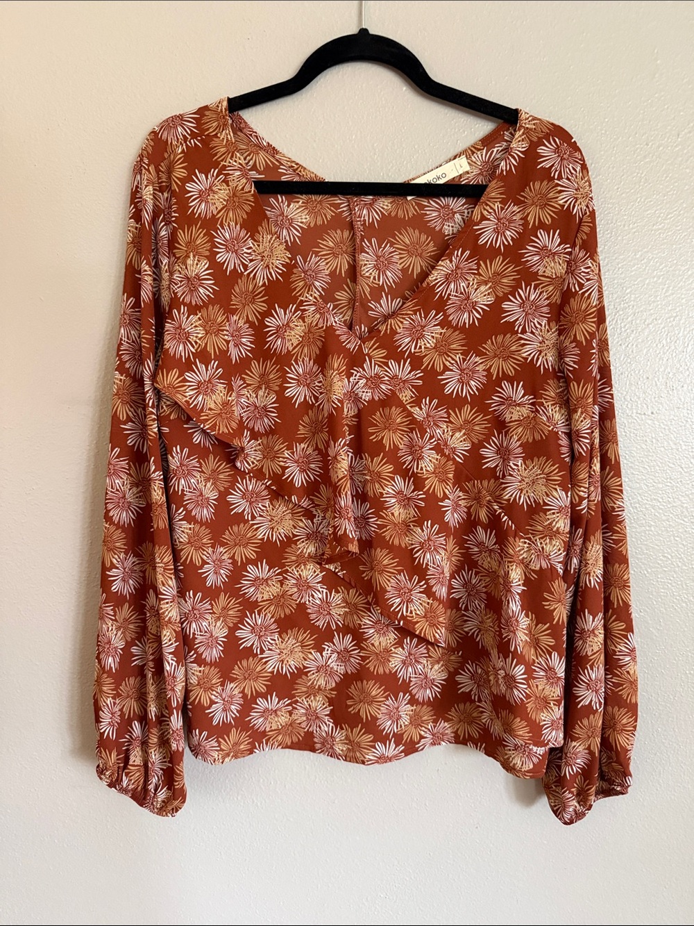 Floral V-Neck Long Sleeve Blouse in Rust